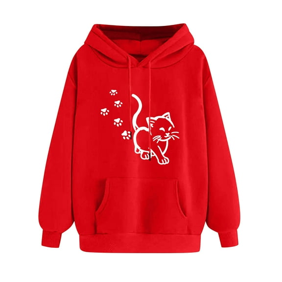 ibuvkizy Hoodies for Women Print Winter Hoodie Pullover Tops Long Sleeved Comfortable Sweatshirt with Pockets Red,XXL