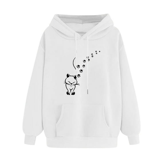 ibuvkizy Hoodies for Women Print Winter Hoodie Pullover Tops Long Sleeved Comfortable Sweatshirt with Pockets White,S