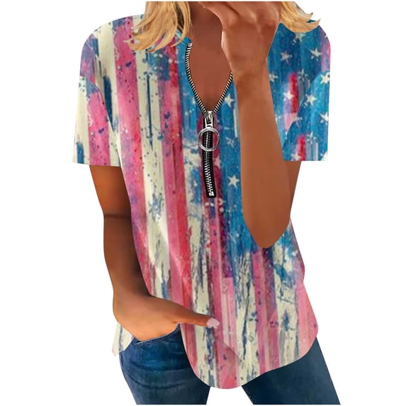 ibuvkizy Independence Day Shirts for Women Fashion American Flag Tops Patriotic Print Short Sleeve T-Shirts Red White Blue Shirts for Women Blue M