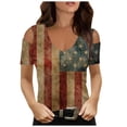 thumbnail image 1 of ibuvkizy Independence Day Shirts for Women Fashion American Flag Tops Patriotic V Neck Short Sleeve T-Shirts 4th of July Shirts Women Brown L, 1 of 5