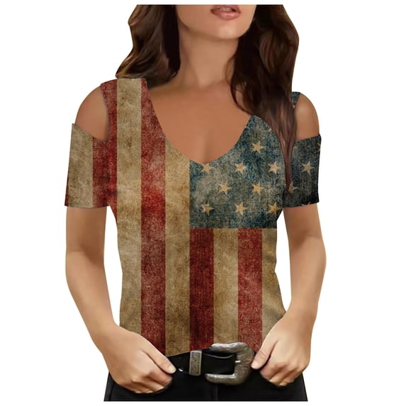 ibuvkizy Independence Day Shirts for Women Fashion American Flag Tops Patriotic V Neck Short Sleeve T-Shirts 4th of July Shirts Women Brown L