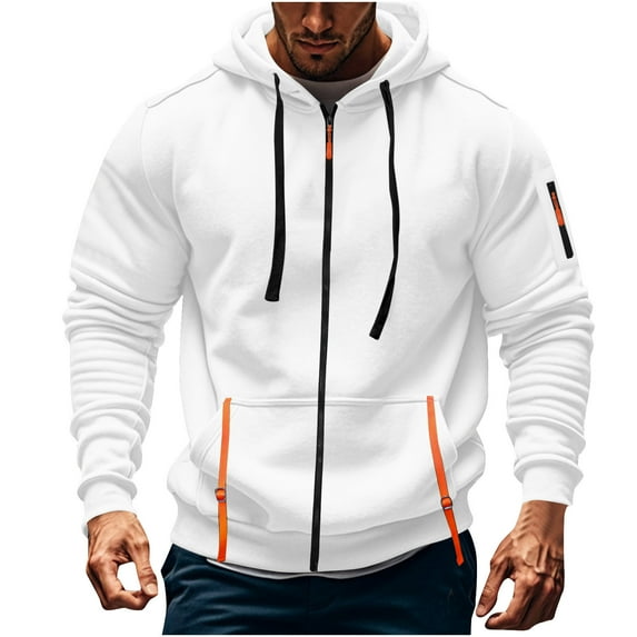 ibuvkizy Jackets for Men,Winter Coats for Men's Cargo Solid Color Multiple Pockets Sports Ditness Training Long Sleeved Hooded Casual Jacket White,S