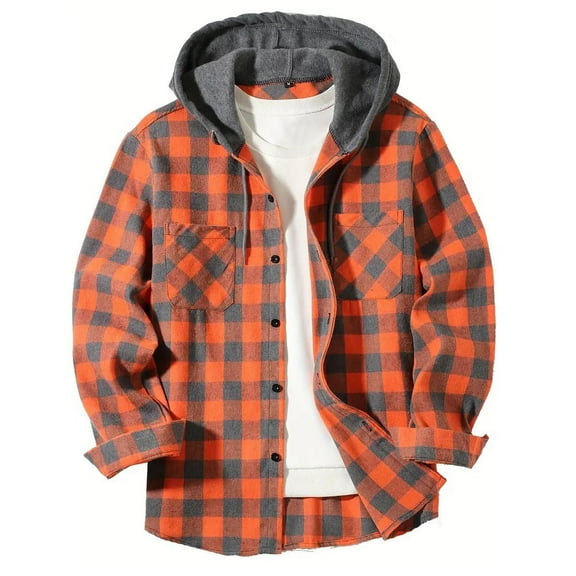 ibuvkizy Jackets for Men,Winter Coats for Men Casual Patchwork Fashion Plaid Hooded Button Long Sleeve Shirt Blouse Orange,L