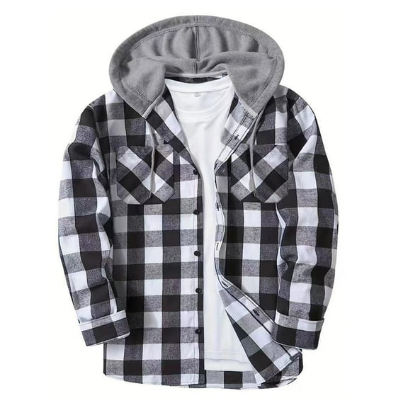 ibuvkizy Jackets for Men,Winter Coats for Men Casual Patchwork Fashion Plaid Hooded Button Long Sleeve Shirt Blouse White,S