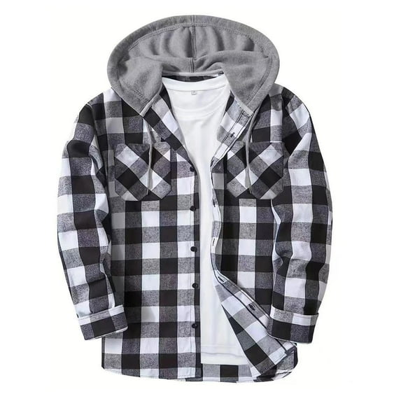 ibuvkizy Jackets for Men,Winter Coats for Men Casual Patchwork Fashion Plaid Hooded Button Long Sleeve Shirt Blouse White,XXXL