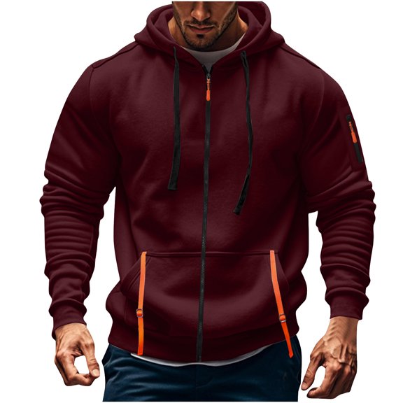 ibuvkizy Jackets for Men,Winter Coats for Men's Cargo Solid Color Multiple Pockets Sports Ditness Training Long Sleeved Hooded Casual Jacket Wine,XXL
