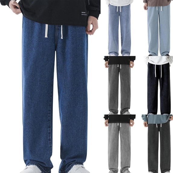 ibuvkizy Jeans for Men with Pockets Drawstring Elastic Waist Vintage Gradient Pattern Denim Straight Leg,Sizes S-3XL