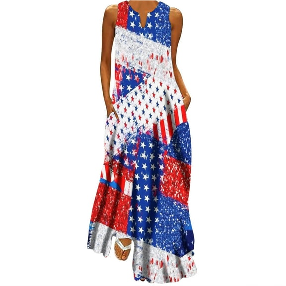 ibuvkizy 4th of July Dress Women Casual Patriotic Dress Red White and Blue Pattern V Neck Pocket Dresses Sleeveless July 4th Fashion Maxi Dresses for Women
