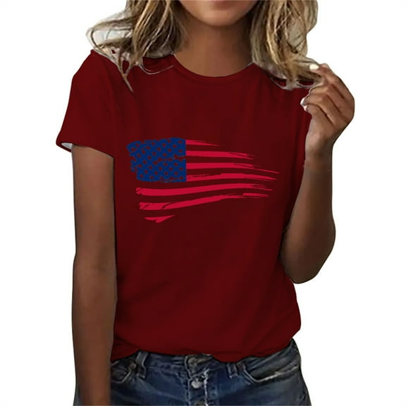 ibuvkizy 4th of July Shirt for Women Summer Fashion American Flag Tops Independence Day Patriotic Round Neck Short Sleeve T-Shirt Blouses Red M