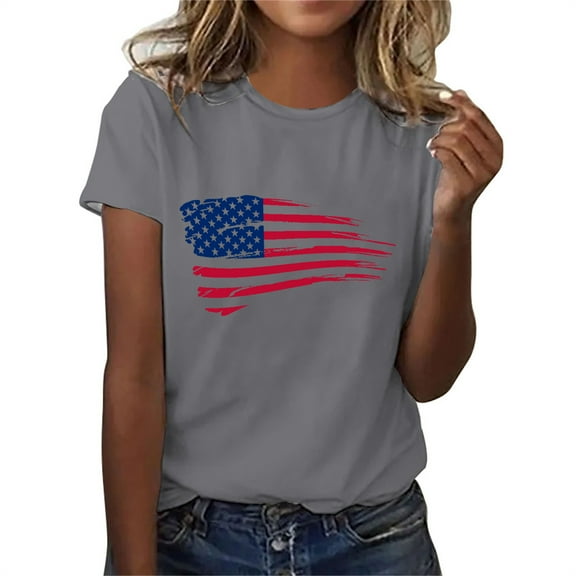 ibuvkizy 4th of July Shirt for Women Summer Fashion American Flag Tops Independence Day Patriotic Round Neck Short Sleeve T-Shirt Blouses Gray XXL