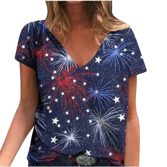 ibuvkizy Independence Day Shirts for Women Fashion American Flag Tops Patriotic Print Short Sleeve T-Shirts Red White Blue Shirts for Women Blue S