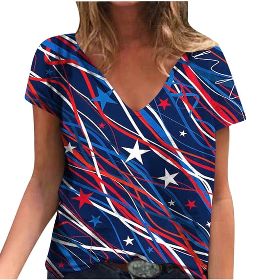 ibuvkizy July 4th Fashion Savings Clearance! Independence Day Shirts for Women Fashion American Flag Tops Patriotic Print Short Sleeve T-Shirts Red White Blue Shirts for Women Blue L