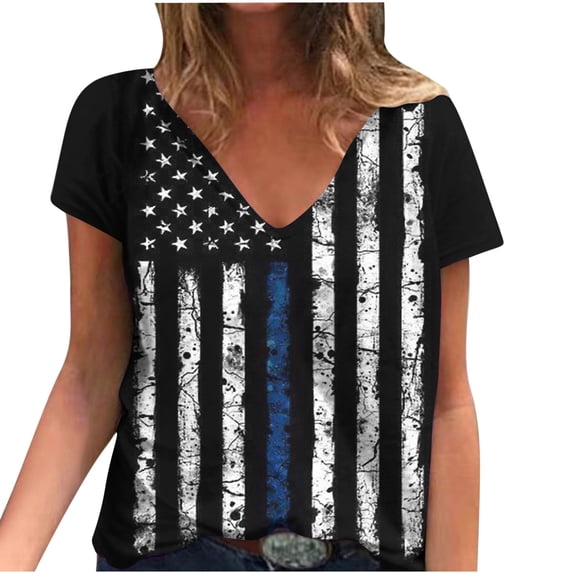 ibuvkizy Independence Day Shirts for Women Fashion American Flag Tops Patriotic Print Short Sleeve T-Shirts Red White Blue Shirts for Women Black L