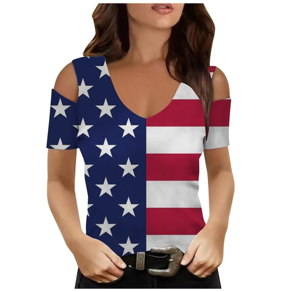 ibuvkizy Independence Day Shirts for Women Fashion American Flag Tops Patriotic V Neck Short Sleeve T-Shirts 4th of July Shirts Women Red S