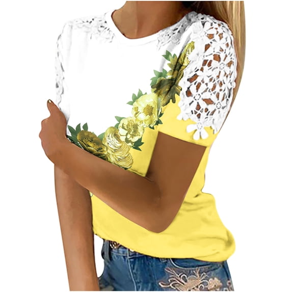 ibuvkizy Lace Tops for Women Tops Dressy Casual Summer Short Sleeve Lace Floral Shirts for Women Trendy Loose Patchwork Round Neck T-Shirts Blouses for Women Yellow M