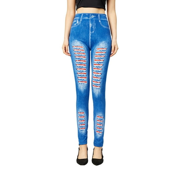 ibuvkizy Leggings for Women Clearance!Yoga Pants with Pockets for Women's Fashion Elastic Imitation Denim Print Leggings with Yoga Sport Elastic Pants Blue,L
