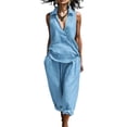 thumbnail image 1 of ibuvkizy Linen 2 Piece Set Women Cotton-Linen Outfit Set,Collared Sleeveless Wrap V Neck Ruched Tops & Elastic Waist Cropped Wide Leg Capri Pants with Pockets,Boho Casual Vacation Matching Suit, 1 of 7