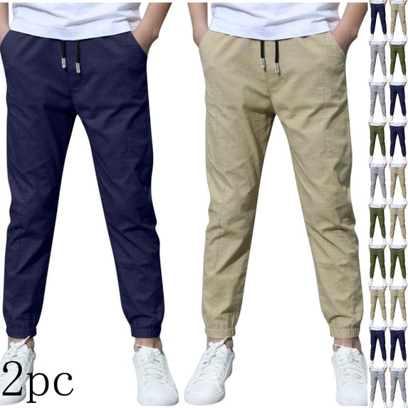 ibuvkizy Linen Boys Pants School Uniform Elastic Waist Drawstring Trousers Solid Color Kids Chino Pants 2PC Casual Loose Twill Summer Jogger Pants with Pockets