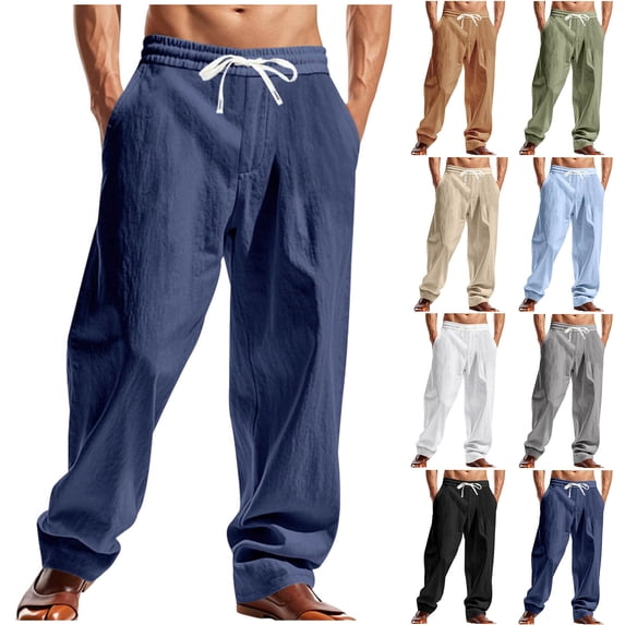 ibuvkizy Linen Cargo Pants Men with Pockets Drawstring Elastic Waist Straight Leg Casual Full Length Trousers,Sizes S-3XL