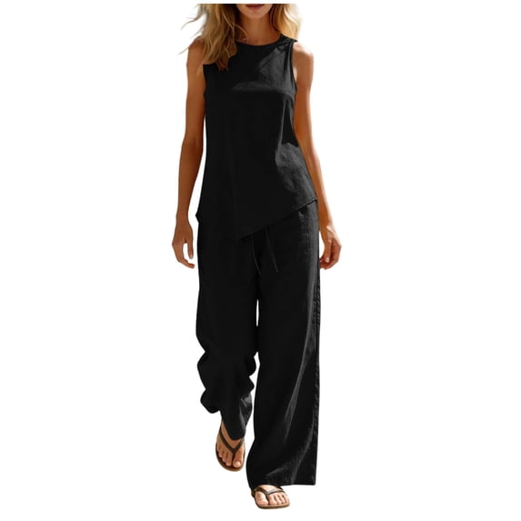 ibuvkizy Linen Outfit Set Women 2 Piece Sleeveless Round Neck Asymmetrical Hem Tank Tops and High Waist Wide Leg Pants with Pockets and Drawstring,Casual Loose Lounge Sets for Summer Beach Vacation