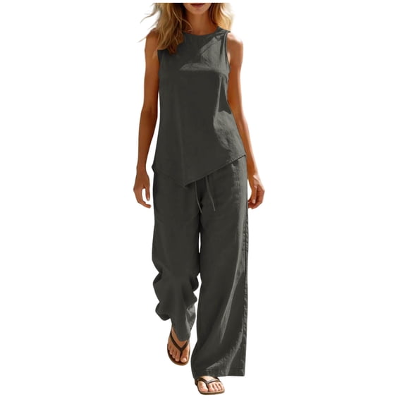 ibuvkizy Linen Outfit Set Women 2 Piece Sleeveless Round Neck Asymmetrical Hem Tank Tops and High Waist Wide Leg Pants with Pockets and Drawstring,Casual Loose Lounge Sets for Summer Beach Vacation