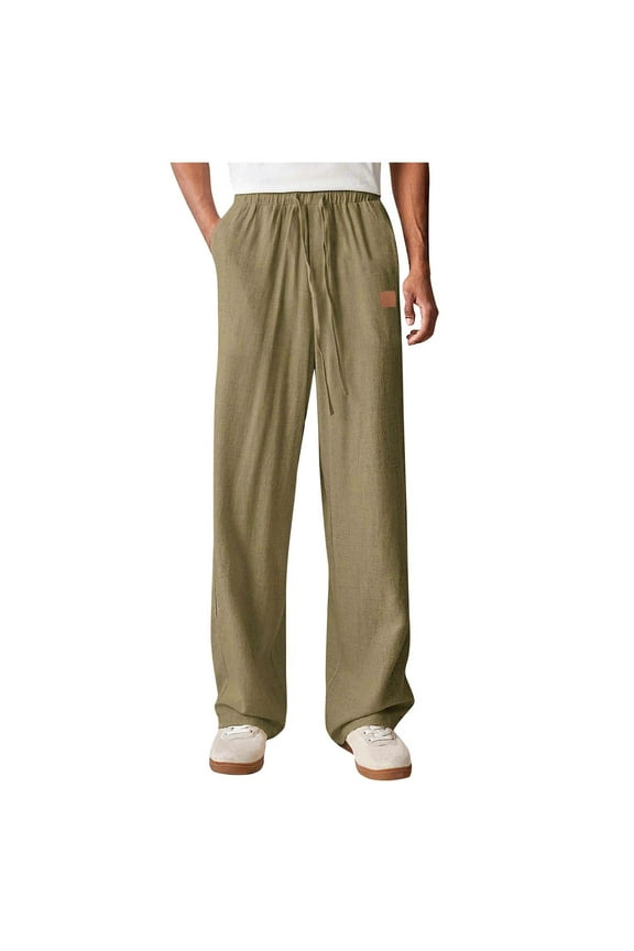 Linen Pants Men Elastic Waist with Drawstring Solid Casual Zipper Button Multiple Pockets Outdoor Straight Fitness Trousers,Sizes M-3XL