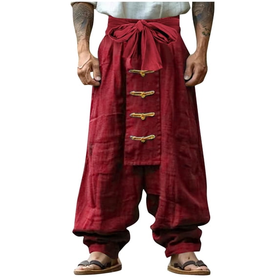 ibuvkizy Linen Pants Men with Drawstring Open Bottom Elastic Waist Solid Casual Outdoor Straight Leg Pants Trousers,Sizes S-3XL