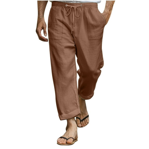 ibuvkizy Linen Pants Men with Pockets Fashion Solid Color Casual Holiday Trousers Elastic Waist Drawstring Long Pants,Sizes S-3XL