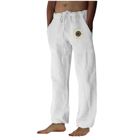 ibuvkizy Linen Pants Men with Pockets Open Bottom Drawstring Elastic Waist Casual Solid Color Linen Straight Leg Pants,Sizes S-2XL