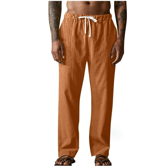 ibuvkizy Linen Pants Men with Pockets Open Bottom Drawstring Elastic Waist Casual Solid Color Straight Leg Pants,Sizes S-2XL