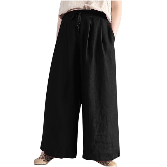 ibuvkizy Linen Pants Women Summer Casual Wide Leg Pants Solid Cotton Linen Drawstring Elastic Waist Loose Long Pants with Pockets Black L