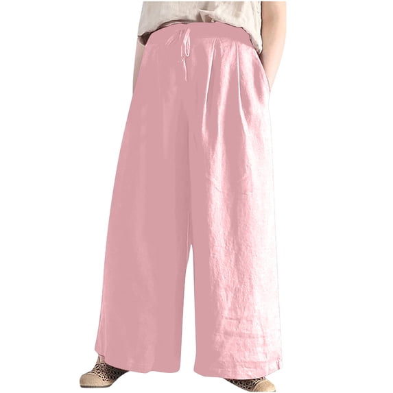 ibuvkizy Linen Pants Women Summer Casual Wide Leg Pants Solid Cotton Linen Drawstring Elastic Waist Loose Long Pants with Pockets Pink S