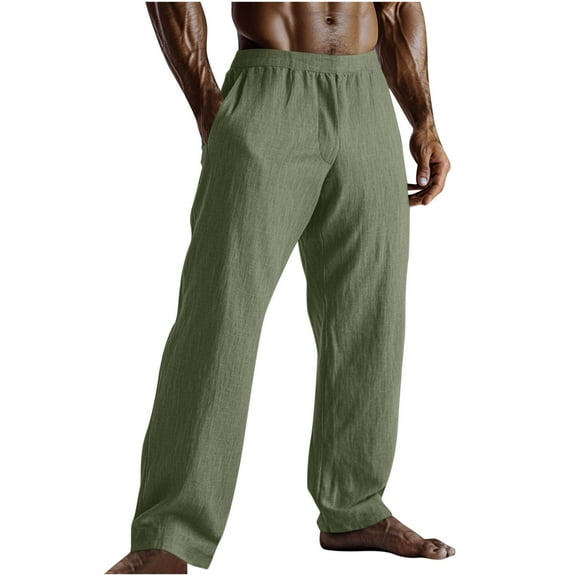 ibuvkizy Linen Pants for Men Casual Loose Baggy,Mens Pants Elastic Waist with Pockets Solid Color Wide Leg Pants,Sizes S-2XL