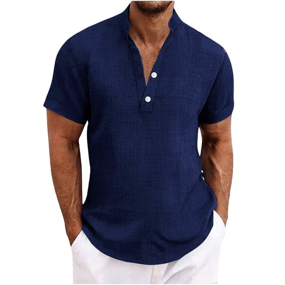 ibuvkizy Linen Shirts for Men Short Sleeve Button Down Casual Plain Stand-up Collar Summer Tops Navy,2XL