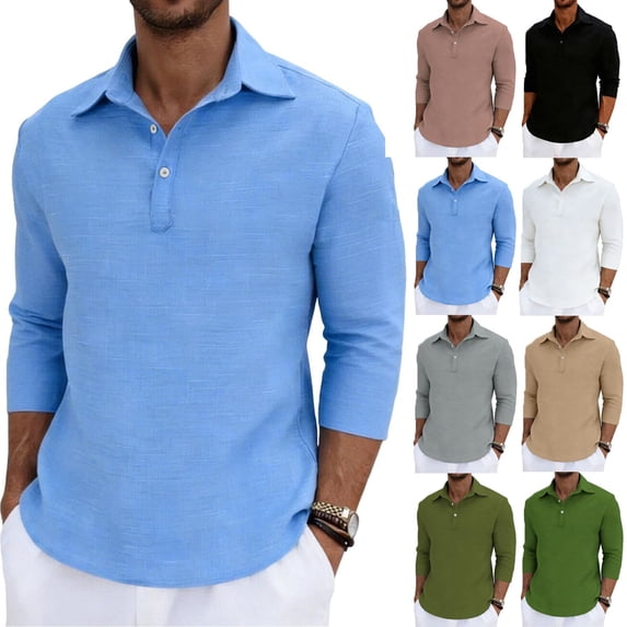 ibuvkizy Linen Shirts for Men Summer Three-Quarter Sleeve Button Down with Collar Solid Color Casual Vacation Army Green,L
