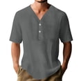 thumbnail image 1 of ibuvkizy Linen Shirts for Men V-Neck Short Sleeve Button Down with Pocket Solid Color Casual Fashion Vacation Gray,L, 1 of 6