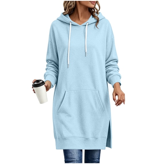 ibuvkizy Long Hooded Sweatshirt Dress for Women Side Split Drawstring Hood Kangaroo Pocket Long Sleeve Loose Fit Casual Pullover Hoodies Tunic Tops for Walking Home Wear,S