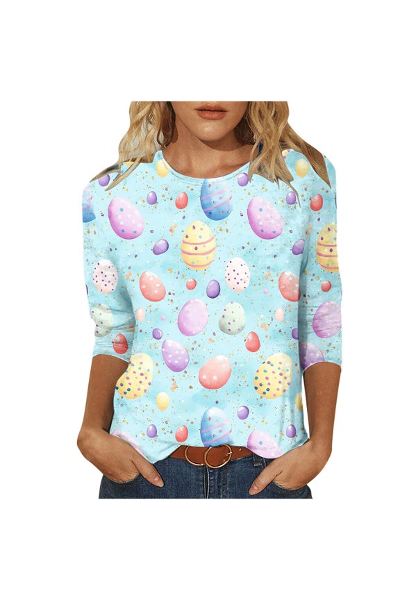 Long Sleeve Easter Shirts for Women,3/4 Length Sleeve Womens Tops Fashion Women's Casual Print Round Neck 3/4 Sleeve T-shirt Top Blouse Blue,S