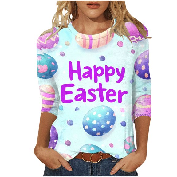 ibuvkizy Long Sleeve Happy Easter Shirts for Women Fashion Printed T-shirt 3/4 Sleeves Blouse Round Neck Casual Tops Light Blue,L