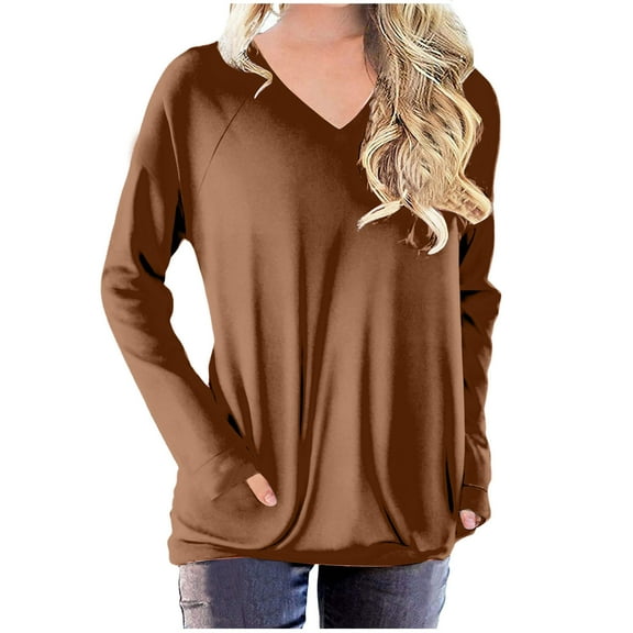 ibuvkizy Long Sleeve Shirts for Women,Womens Tops Dressy Casual,Oversized Tshirts Shirts for Women Solid Workout Sweatshirts Casual Basic Long Sleeve Shirt Classic V-Neck Tops Brown,S