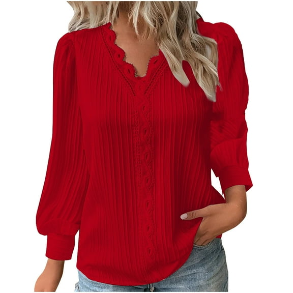 ibuvkizy Long Sleeve Shirts for Women,Womens Tops,Fashion Women's V-Neck Long Sleeve Casual T-shirt Tops Solid Blouse Red,XL