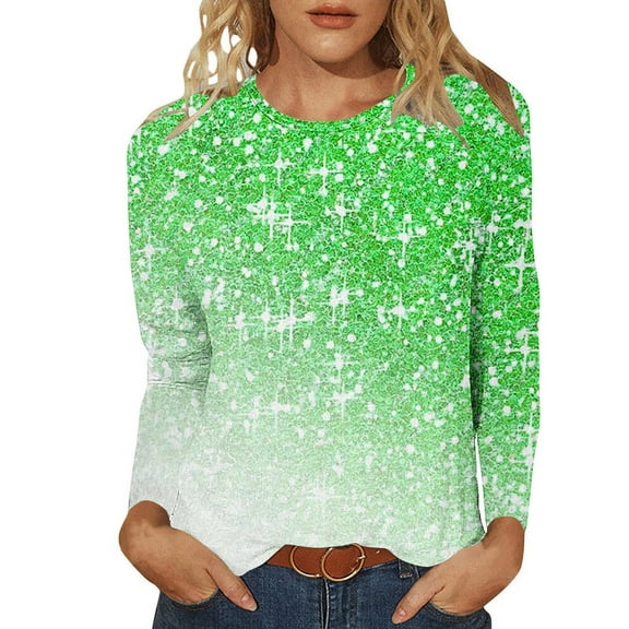 ibuvkizy Long Sleeve Shirts for Women,Womens Tops,Ladies' Shiny Printed Casual Pullover Classic Long Sleeved Round Neck Top Green,M