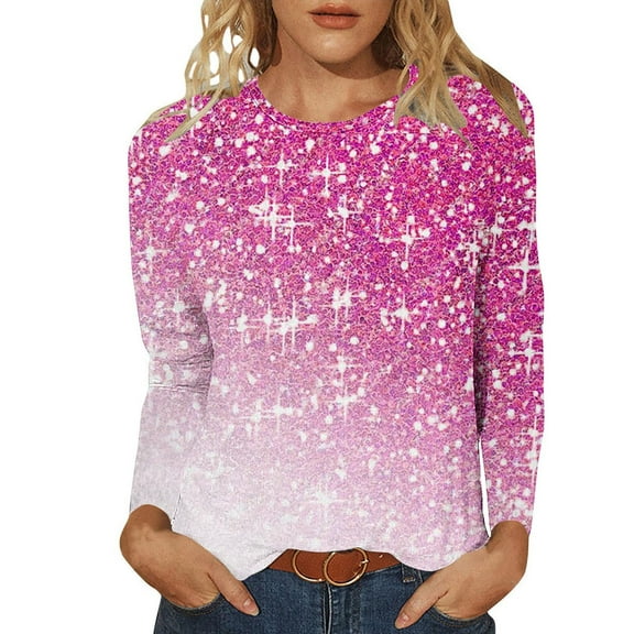 ibuvkizy Long Sleeve Shirts for Women,Womens Tops,Ladies' Shiny Printed Casual Pullover Classic Long Sleeved Round Neck Top Hot Pink,M