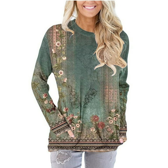 ibuvkizy Long Sleeve Shirts for Women,Womens Tops,Long Sleeve Round-Neck Blouses & Shirts,Graphic Tees for Women Army Green,S