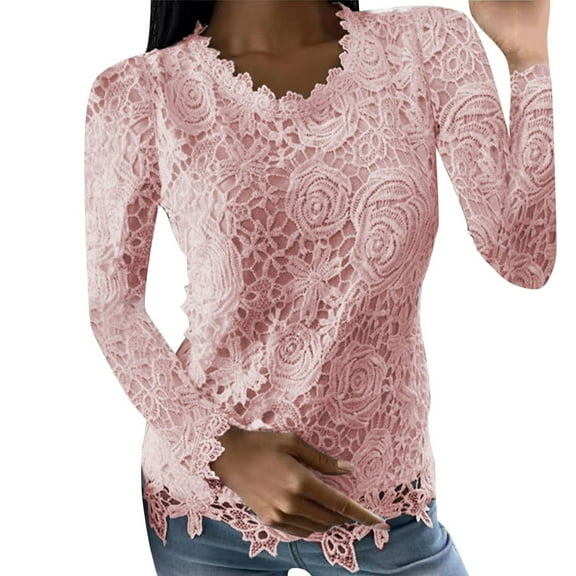 ibuvkizy Long Sleeve Shirts for Women,Womens Tops,Women Lace Slim Long Sleeve Blouses Floral Crewneck Shirts Elegant Tunic Tops Pink,XXXXXL