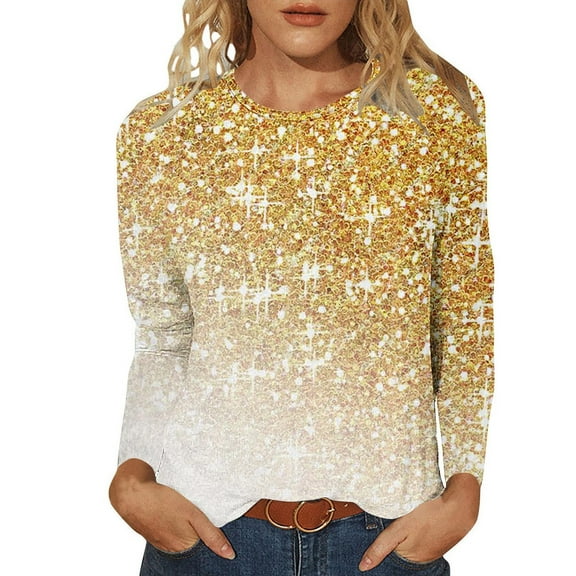 ibuvkizy Long Sleeve Shirts for Women,Womens Tops,Ladies' Shiny Printed Casual Pullover Classic Long Sleeved Round Neck Top Yellow,M