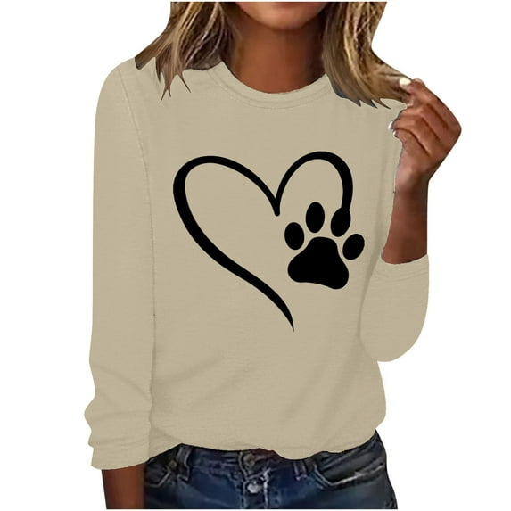 ibuvkizy Love Heart Graphic Sweatshirt for Women Printed Round Neck Pullover Long Sleeved Casual Womens Sweatshirts Beige,XL