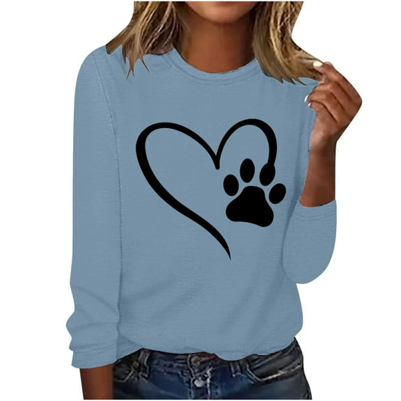 ibuvkizy Love Heart Graphic Sweatshirt for Women Printed Round Neck Pullover Long Sleeved Casual Womens Sweatshirts Light Blue,L