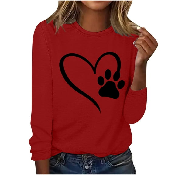 ibuvkizy Love Heart Graphic Sweatshirt for Women Printed Round Neck Pullover Long Sleeved Casual Womens Sweatshirts Red,XL