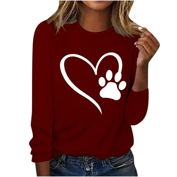 ibuvkizy Love Heart Graphic Sweatshirt for Women Printed Round Neck Pullover Long Sleeved Casual Womens Sweatshirts Wine,M